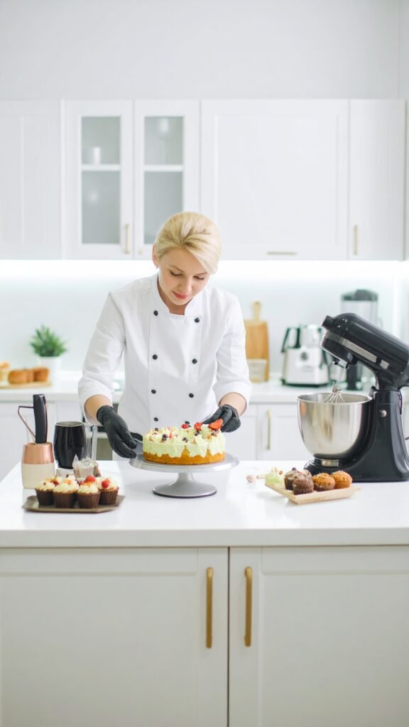 Firefly_Vertical hero banner, portrait orientation- a 25-year-old blonde female chef in a mod 460833